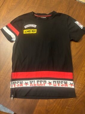 KLEEP Black Moto Streetwear Tee Top L Side Zip Patch Graphic Trim Shirt